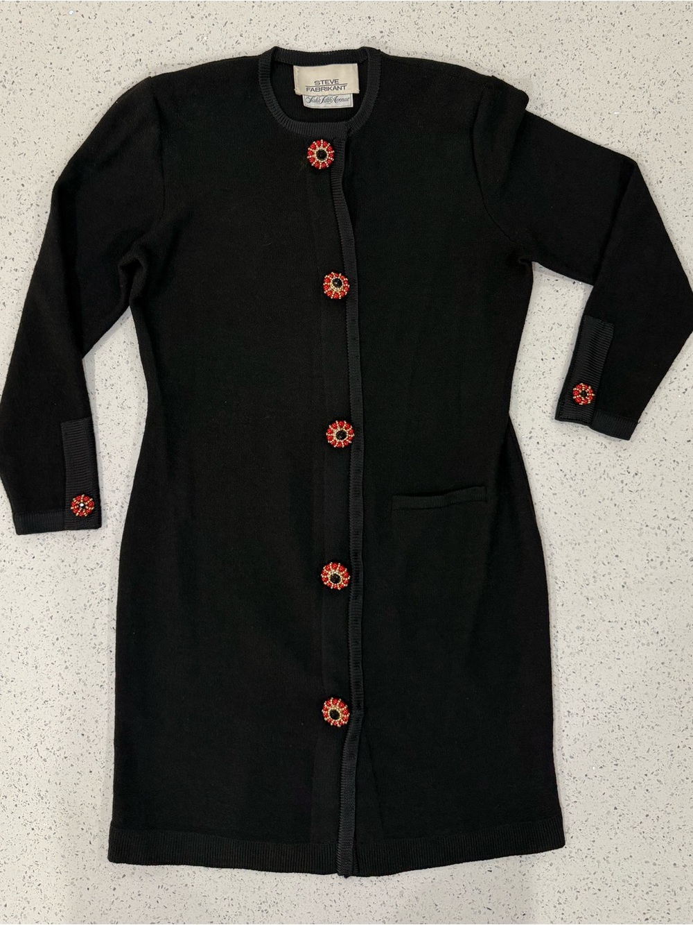 Steve Fabrikant Vintage Black wKnit Long Sleeve Dress with Red Button Accents